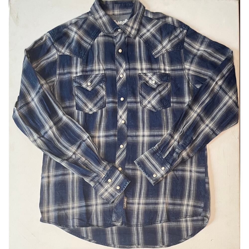 Wrangler Retro Premium Western Shirt M Blue Plaid Pearl Snap Cowboy Vintage Look